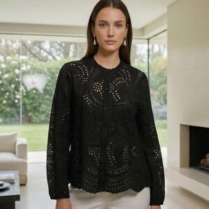 Joie Black Eyelet Lace Button-Front Blouse